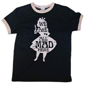 Disney Alice T Shirt Medium We Are All Mad Here Black White Women's Distressed